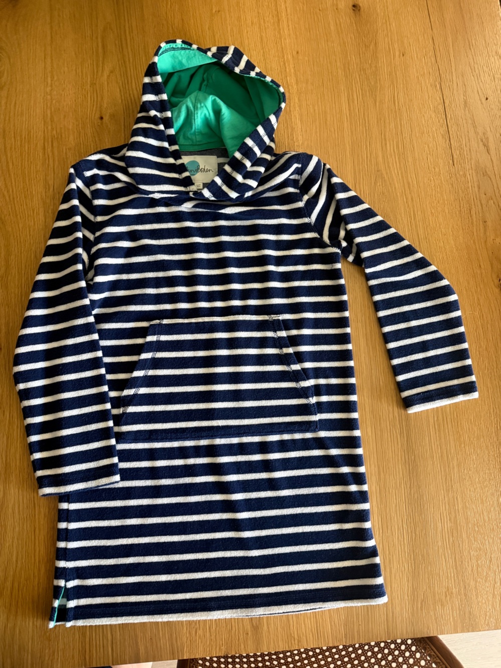 Mini Boden Navy & White Striped Hooded Pullover with Teal Lining